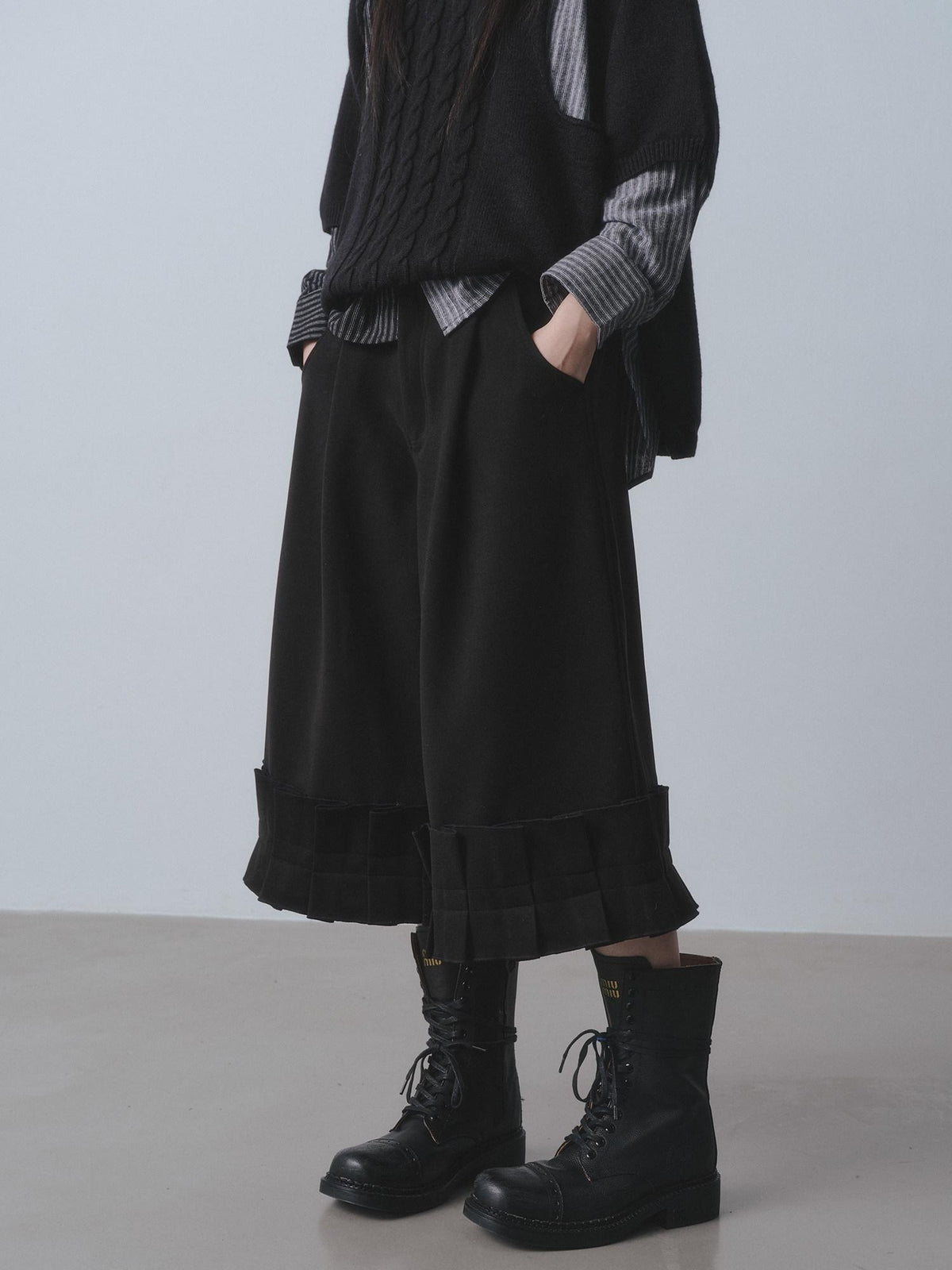 DDGIRL studio High Waist Pleated Solid Black Women Workwear Zipper Durable Wide Leg Pants