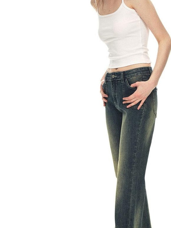 Country Moment Vintage Distressed Low Rise Retro Flare Women Daily Denim Blue Flared Jeans
