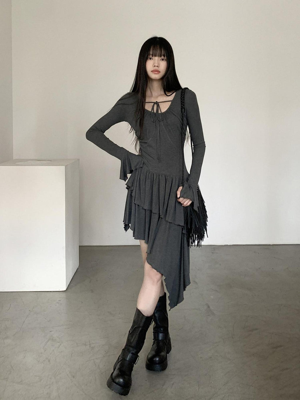 DDGIRL studio Soft Stretch Lyocell Asymmetric Cinched Waist U Neck Commuter Midi Dresses