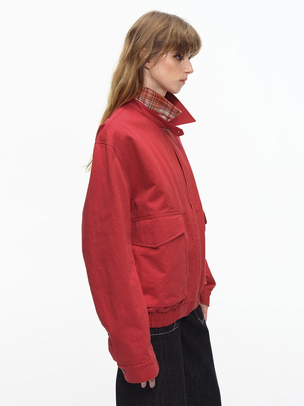 Country Moment Warm Pure Cotton Relaxed Fit Zip Front Rib Hem Unisex Chili Red Cropped Jackets
