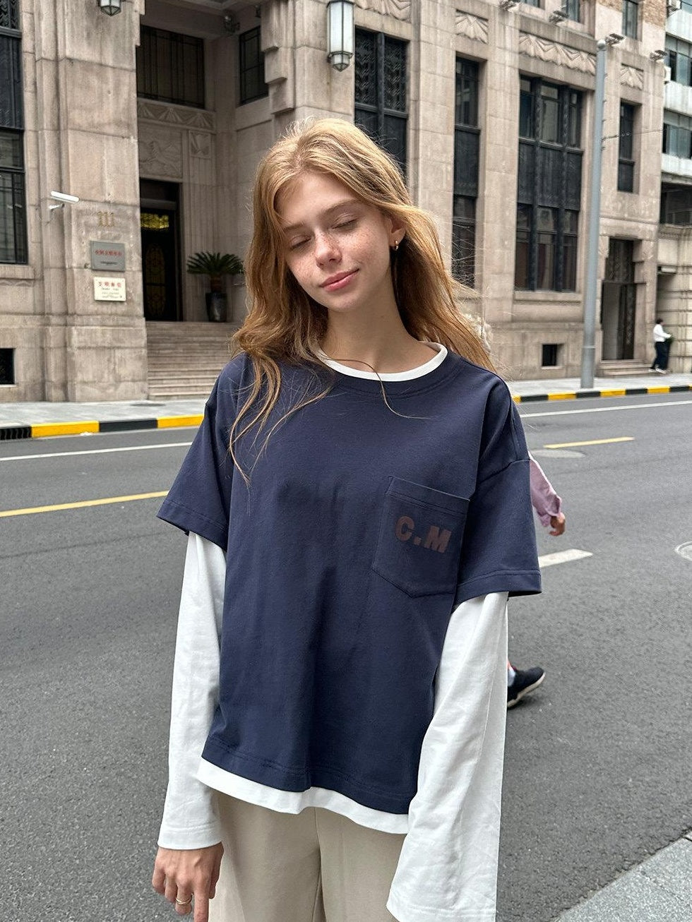 Country Moment Washed Pure Cotton Loose Colorblock Crewneck Teen Logo Navy Long Sleeve T-Shirts