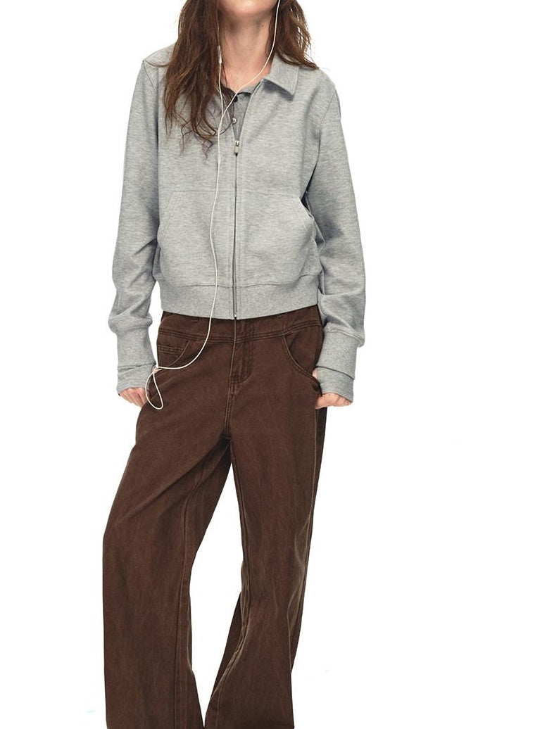 Country Moment Breathable Cotton Blend Stretch Cropped Zip Cardigan Casual Men Grey Sweatshirt
