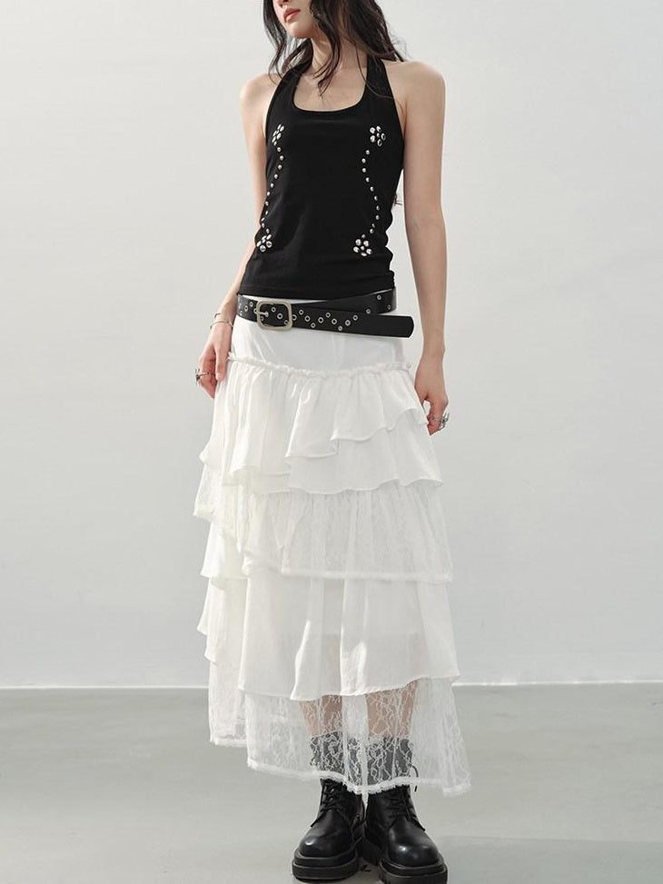 DDGIRL studio Shape Retaining Asymmetric Tiered High Waist Lined Lace Linen Women Midi Skirts
