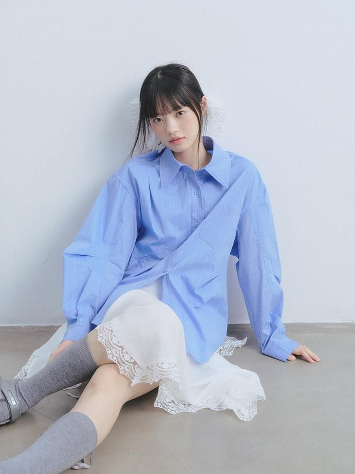 DDGIRL studio Breathable Cotton Blend Loose Patchwork Geometric Button Long Sleeve Shirts