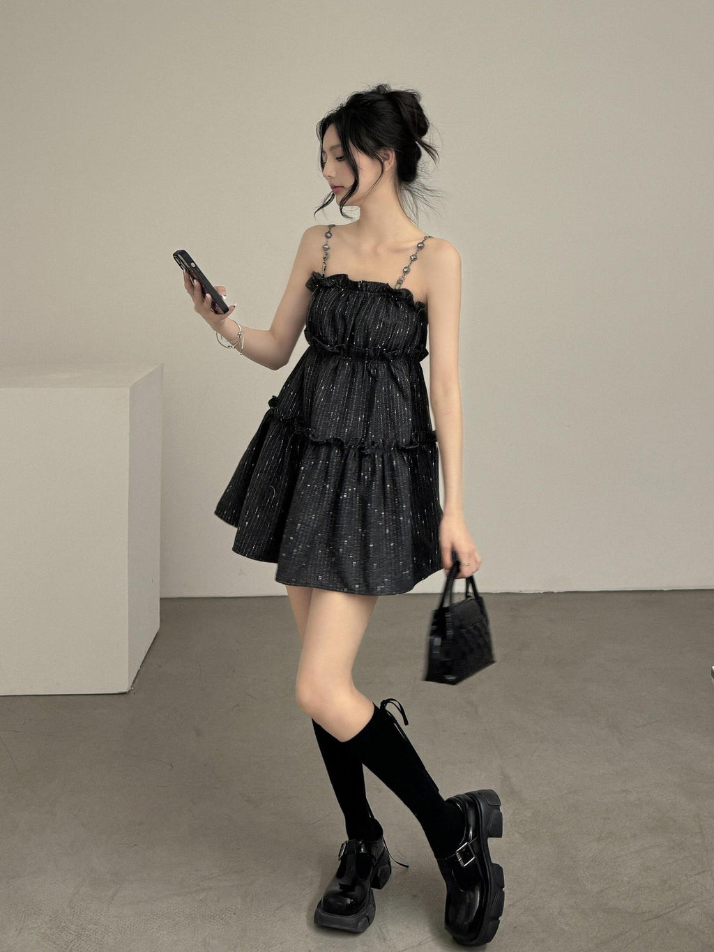 DDGIRL studio Shape Retain Strappy A Line Loose Waist Black Poly Wool Blend Mini Dresses