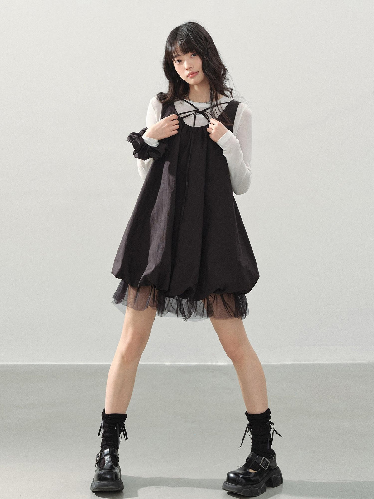 DDGIRL studio Sweet Mesh A Line Black Loose Waist Bubble Skirt U Neck Work Top & Skirt Sets