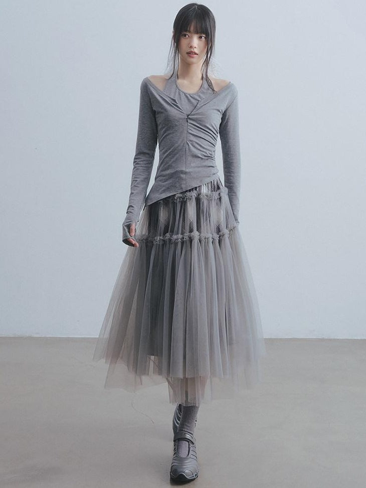 DDGIRL studio Non Deforming High Waist Mesh Patchwork Pleated Lined Women Gray Midi Skirts