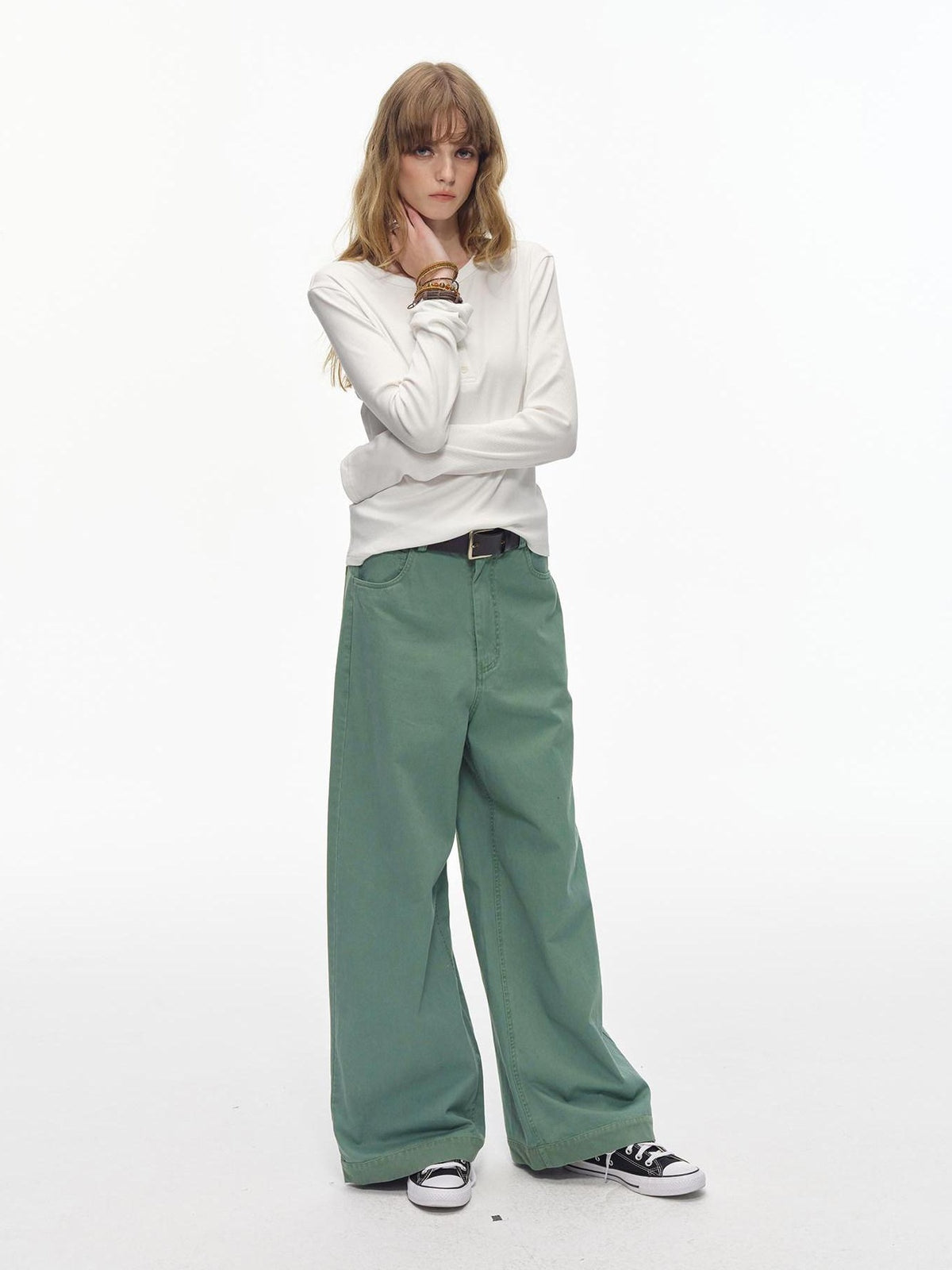 Country Moment Washed 100% Cotton Loose Straight Zipper Fly Youth Everyday Green Wide Leg Pants