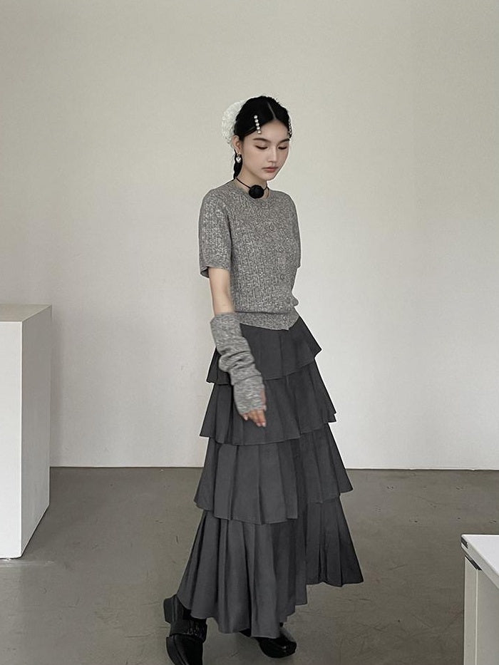 DDGIRL studio Lined High Waist Pleated Patchwork A Line Commuter Loose Fit Gray Midi Skirts