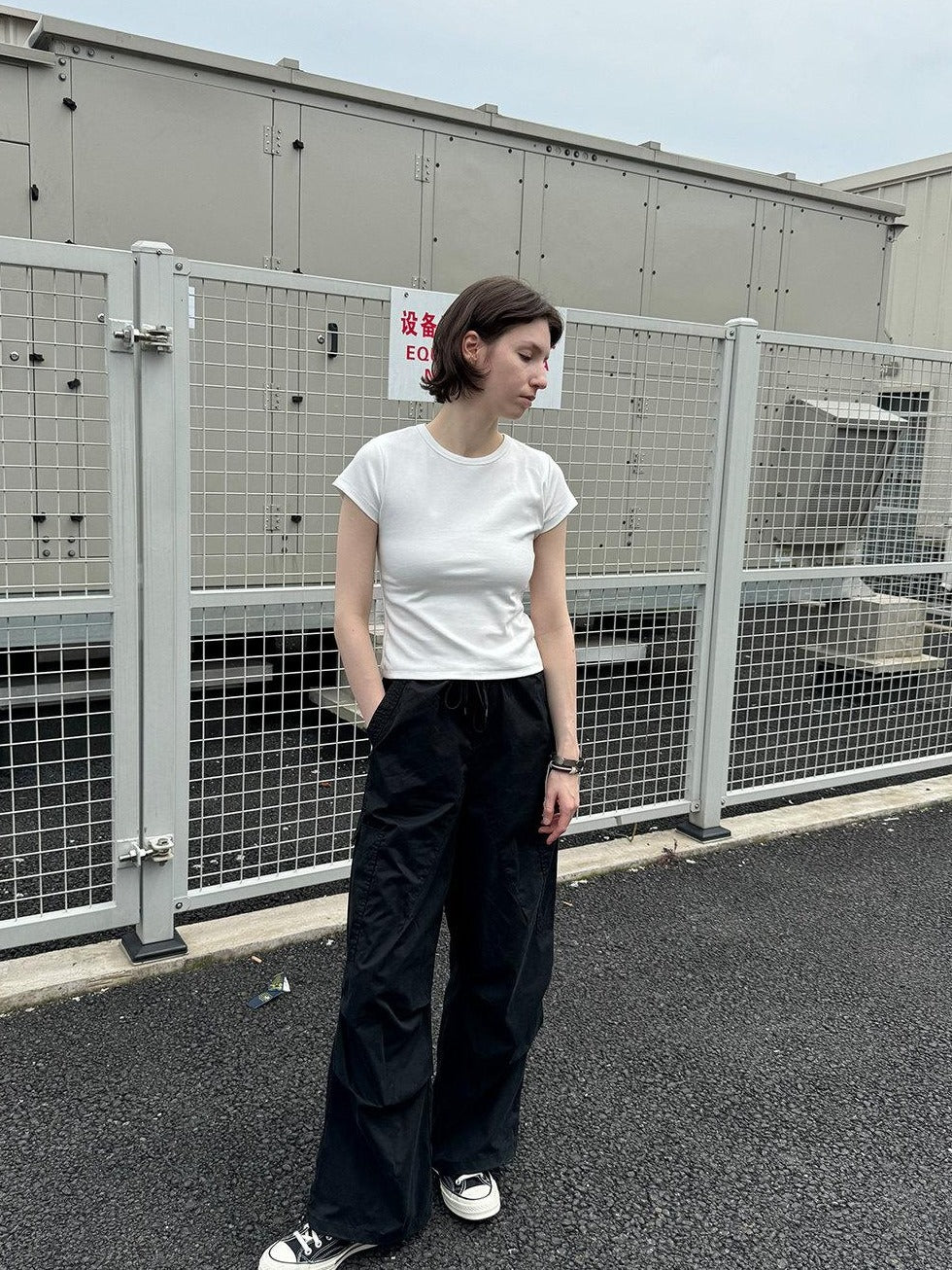 Country Moment Cotton Slim Fit Street Crew Neck Short Sleeve Solid White Teal Basic Crop Tops