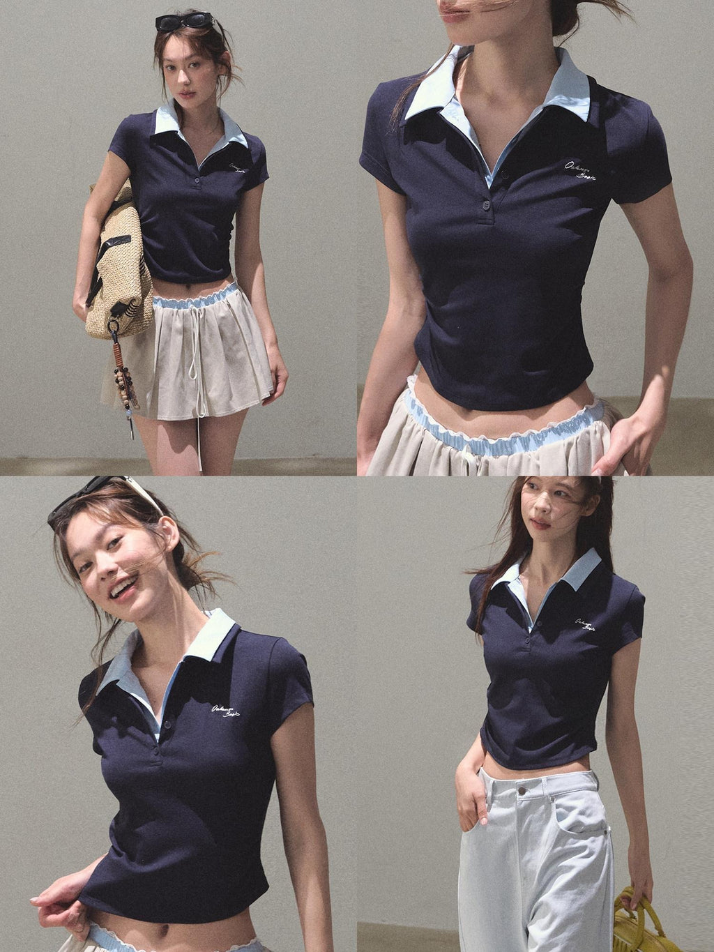 7 OAKMOO Stretch Cotton Slim Fit Casual Henley Short Sleeve Women Top & Skirt Sets