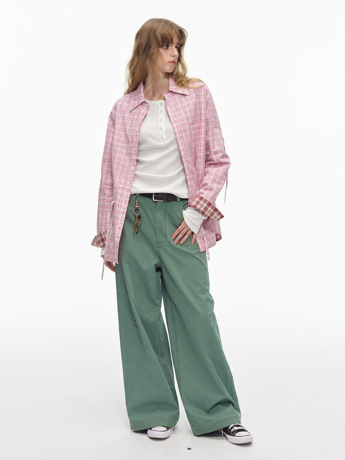 Country Moment Washed 100% Cotton Loose Straight Zipper Fly Youth Everyday Green Wide Leg Pants