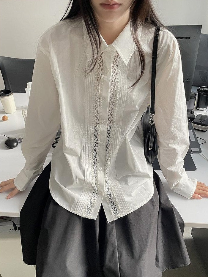 DDGIRL studio Pure Cotton Lace Collar Straight Fit Commuter Long Sleeve Women White Shirts