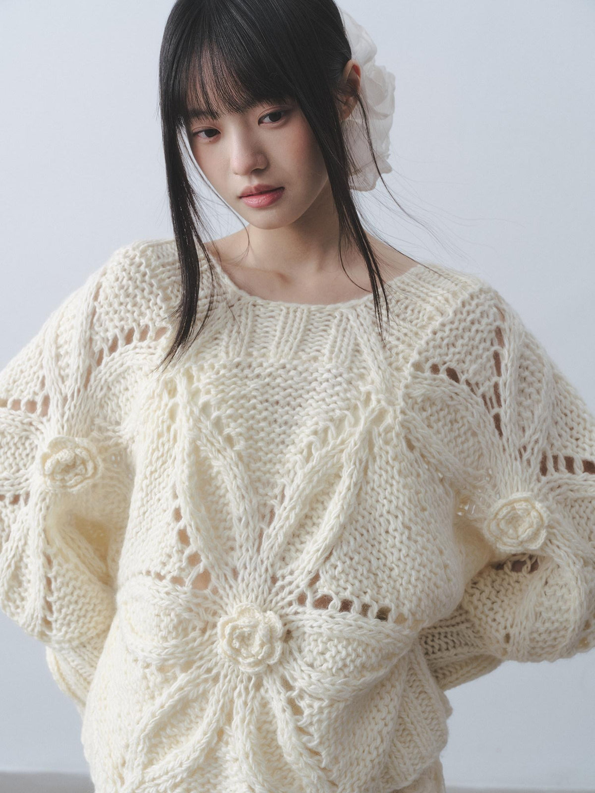 DDGIRL studio Soft Loose Crochet Openwork Lantern Sleeve Round Neck Women Knitwear Sweaters