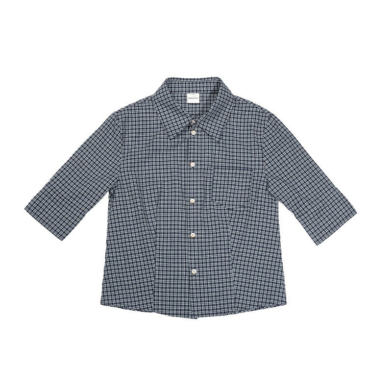 Country_Moment_Breathable_Cotton_Cropped_Straight_Revere_Women_Navy_Plaid_Shirts_MISSTT