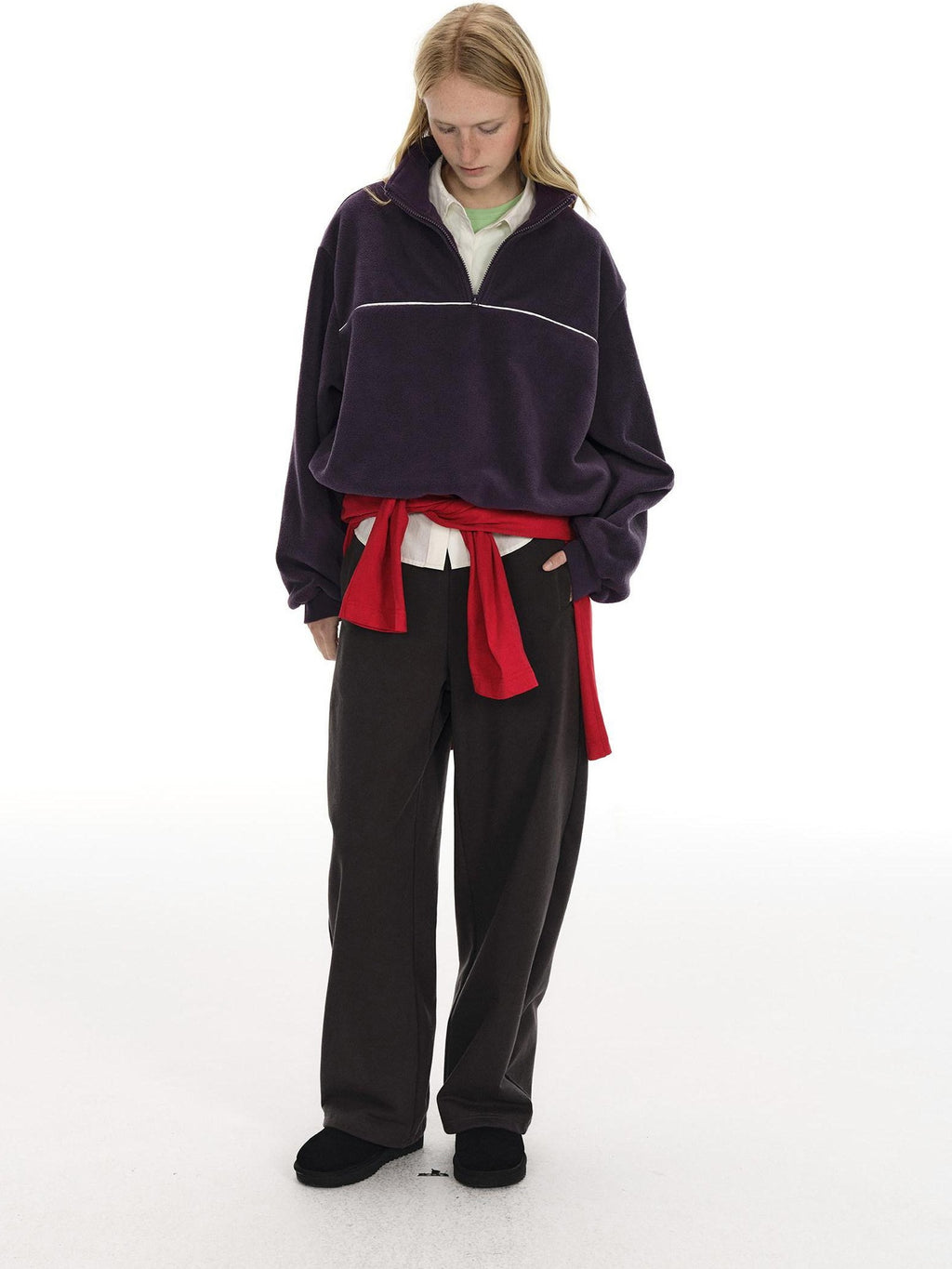 Country Moment Warm Fleece Short Zip Stand Collar Colorblock Loose Fit Unisex Purple Sweatshirt