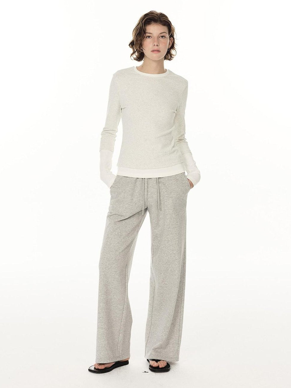 Country Moment Durable Cotton Mid Rise Straight Elastic Youth Casual Black Gray Wide Leg Pants