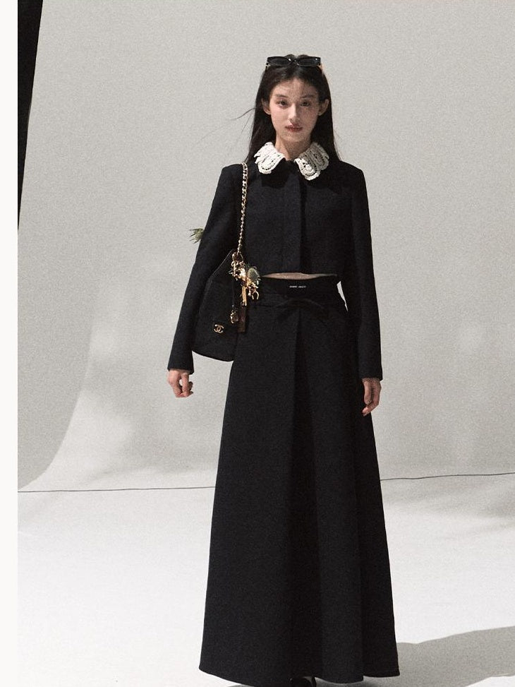 7 OAKMOO Lightweight Long Sleeve Doll Collar High Waist Black Top & Skirt Sets