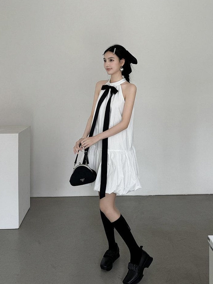 DDGIRL studio Soft Cotton Nylon Bow Sleeveless Aline Office Women Halter Back Zip Midi Dresses