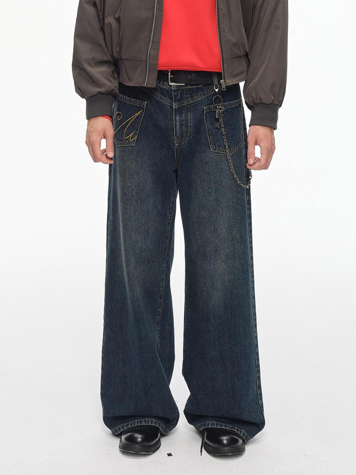 Country Moment Breathable Cotton Embroidered Mid Rise Loose Stonewash Wide Leg Jeans