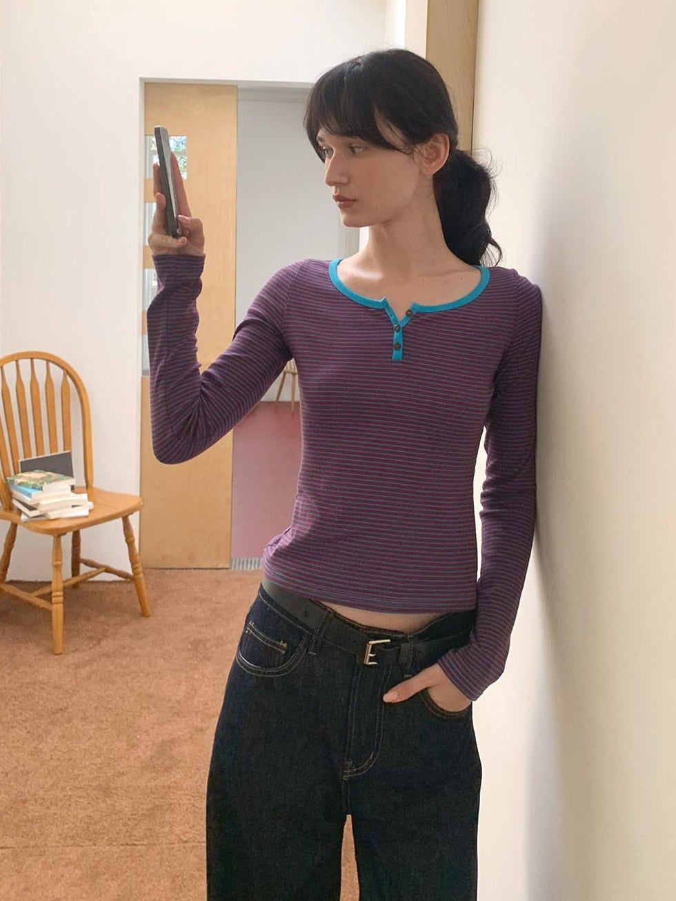 Country Moment Breathable Cotton Slim Fit Retro Striped Henley Women Long Sleeve T-Shirts