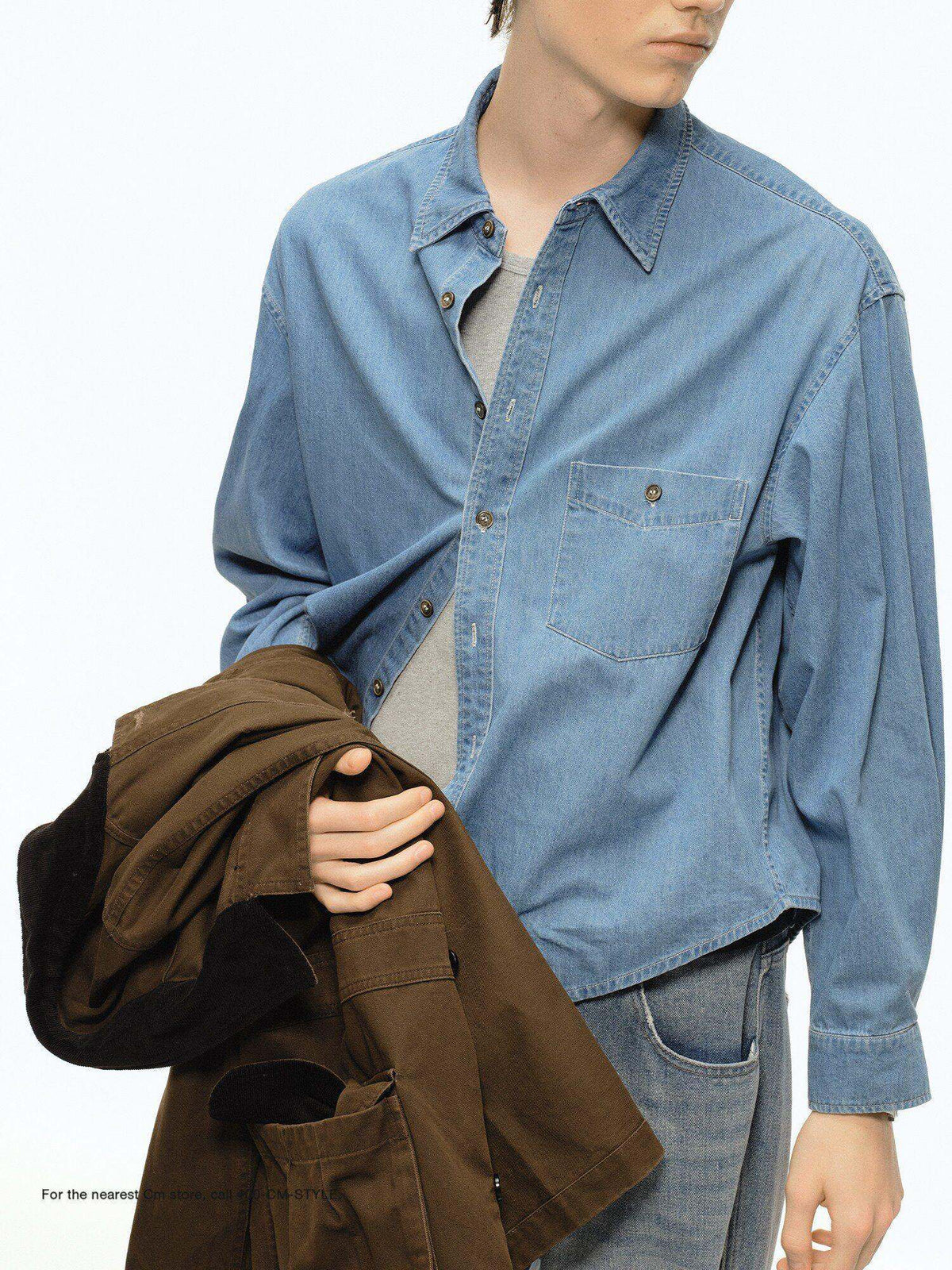 Country Moment Soft Cotton Blend Loose Square Neck Short Sleeve Youth Casual Light Denim Shirts