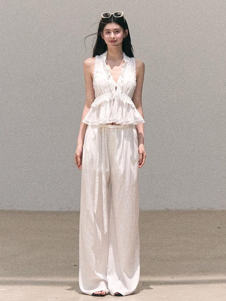 7 OAKMOO Lyocell Linen Breathable Casual Natural Waist Straight Navy White Wide Leg Pants