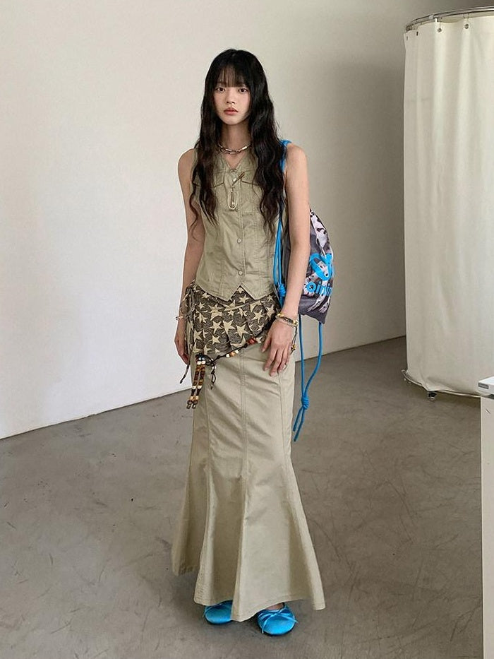 DDGIRL studio High Waist Cotton Fishtail Slim Casual Khaki Women Outdoor Maxi Skirts