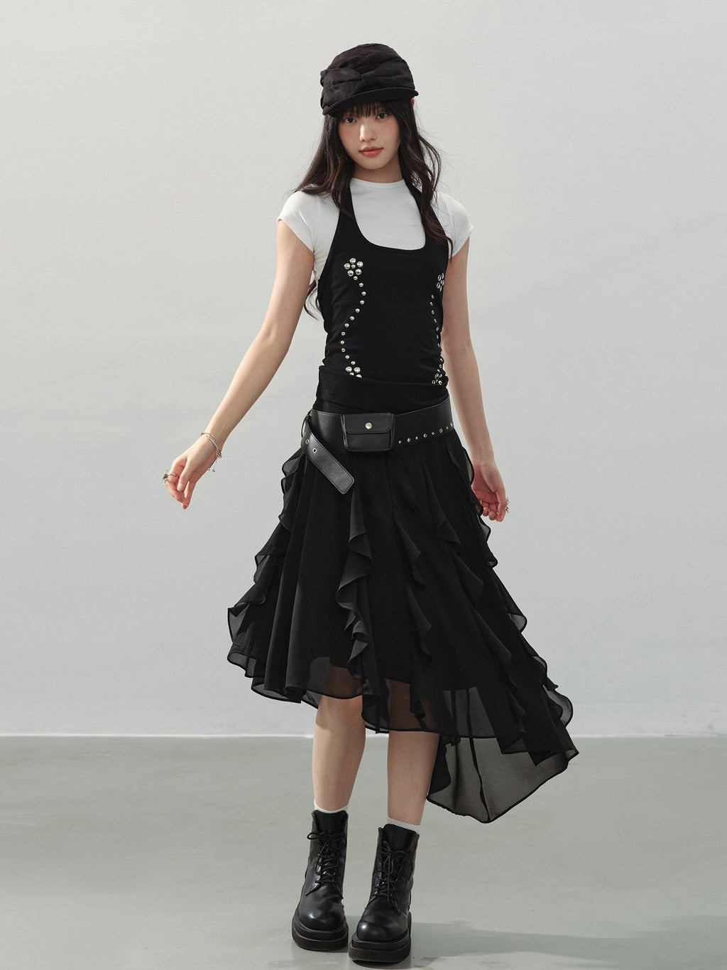 DDGIRL studio Fade Resistant Lined Asymmetrical High Waist Black Irregular Women Midi Skirts
