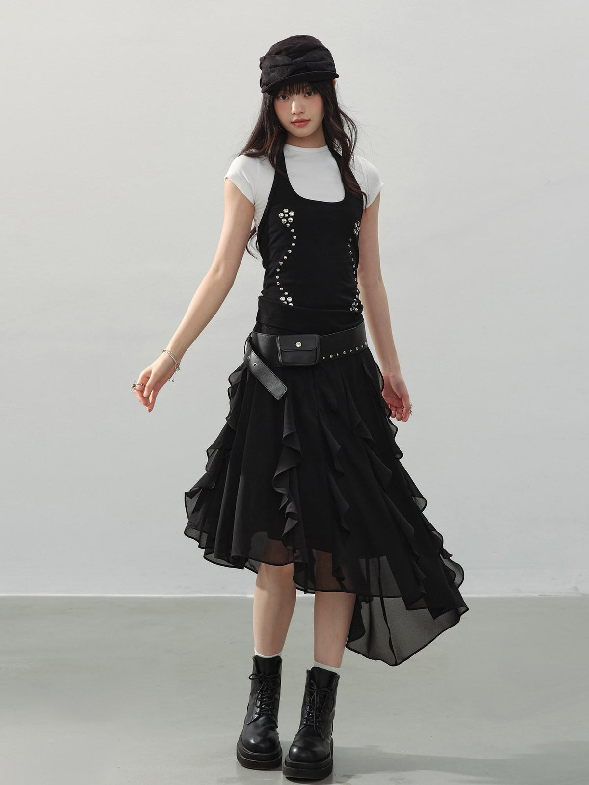 DDGIRL studio Fade Resistant Lined Asymmetrical High Waist Black Irregular Women Midi Skirts