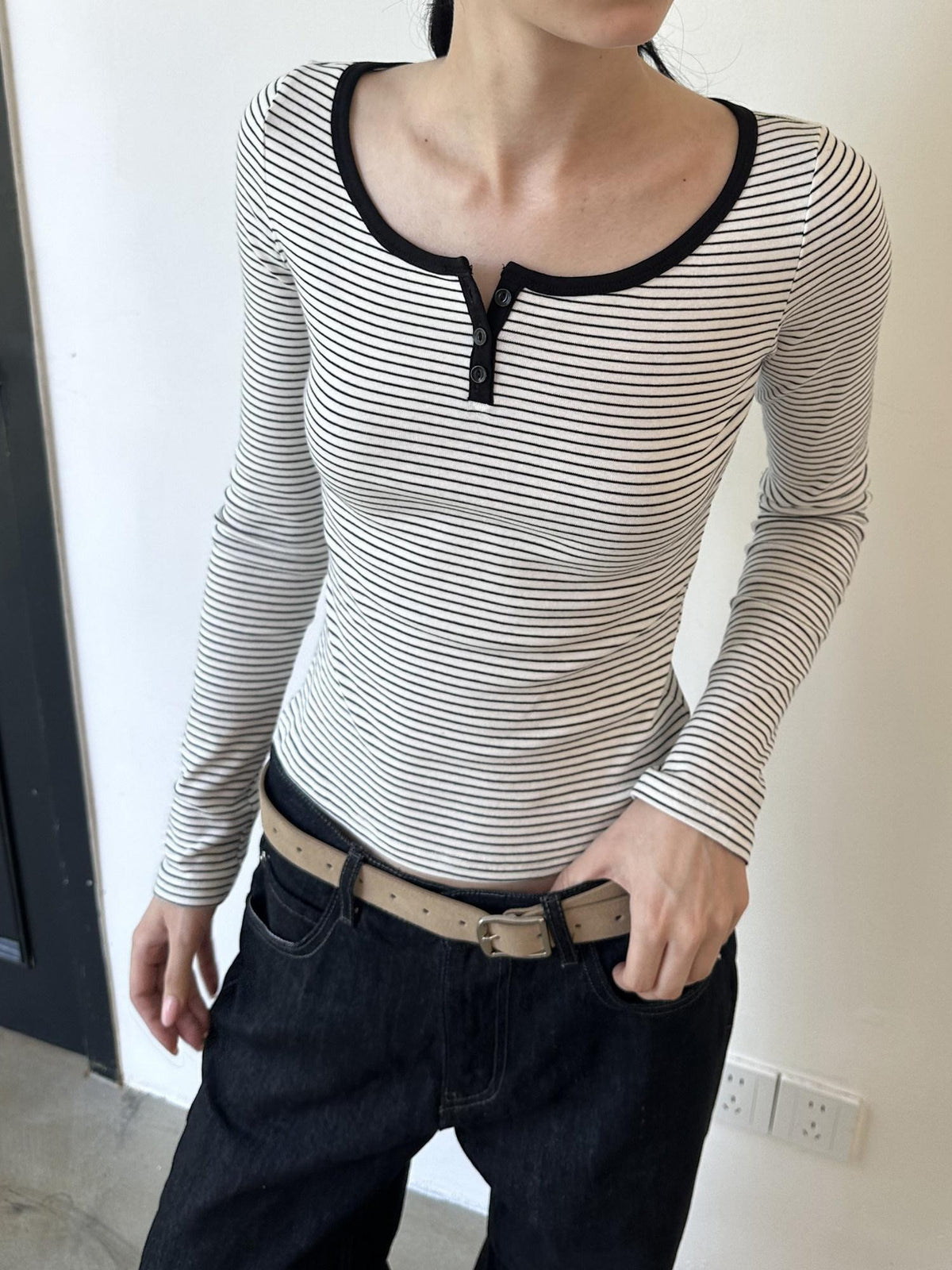 Country Moment Breathable Cotton Slim Fit Retro Striped Henley Women Long Sleeve T-Shirts