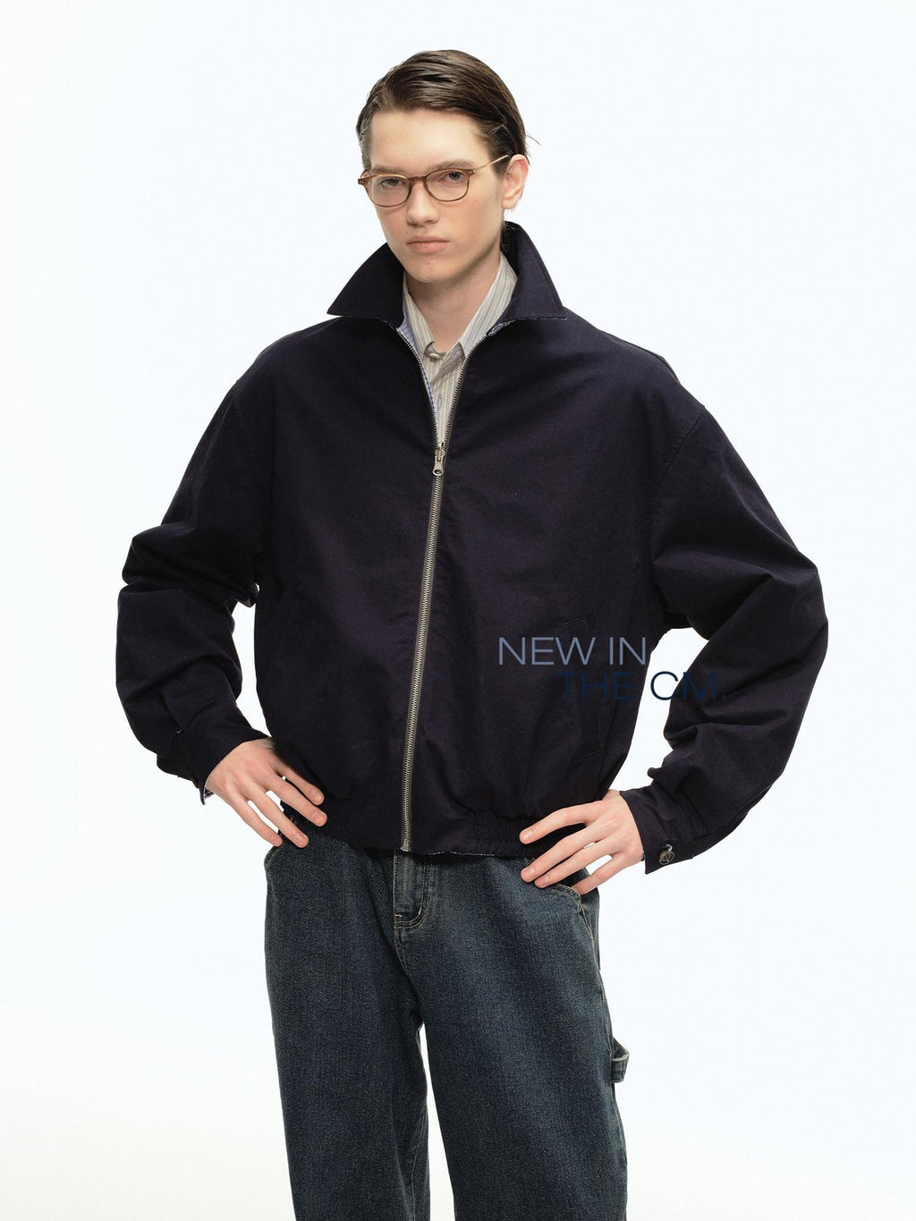 Country Moment Warm Cotton Loose Fit Youthful Plaid Zip Unisex Navy Lapel Cropped Jackets