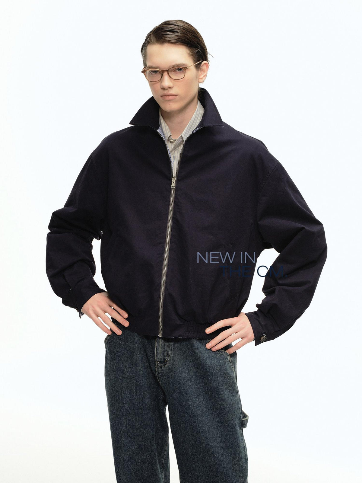 Country Moment Warm Cotton Loose Fit Youthful Plaid Zip Unisex Navy Lapel Cropped Jackets