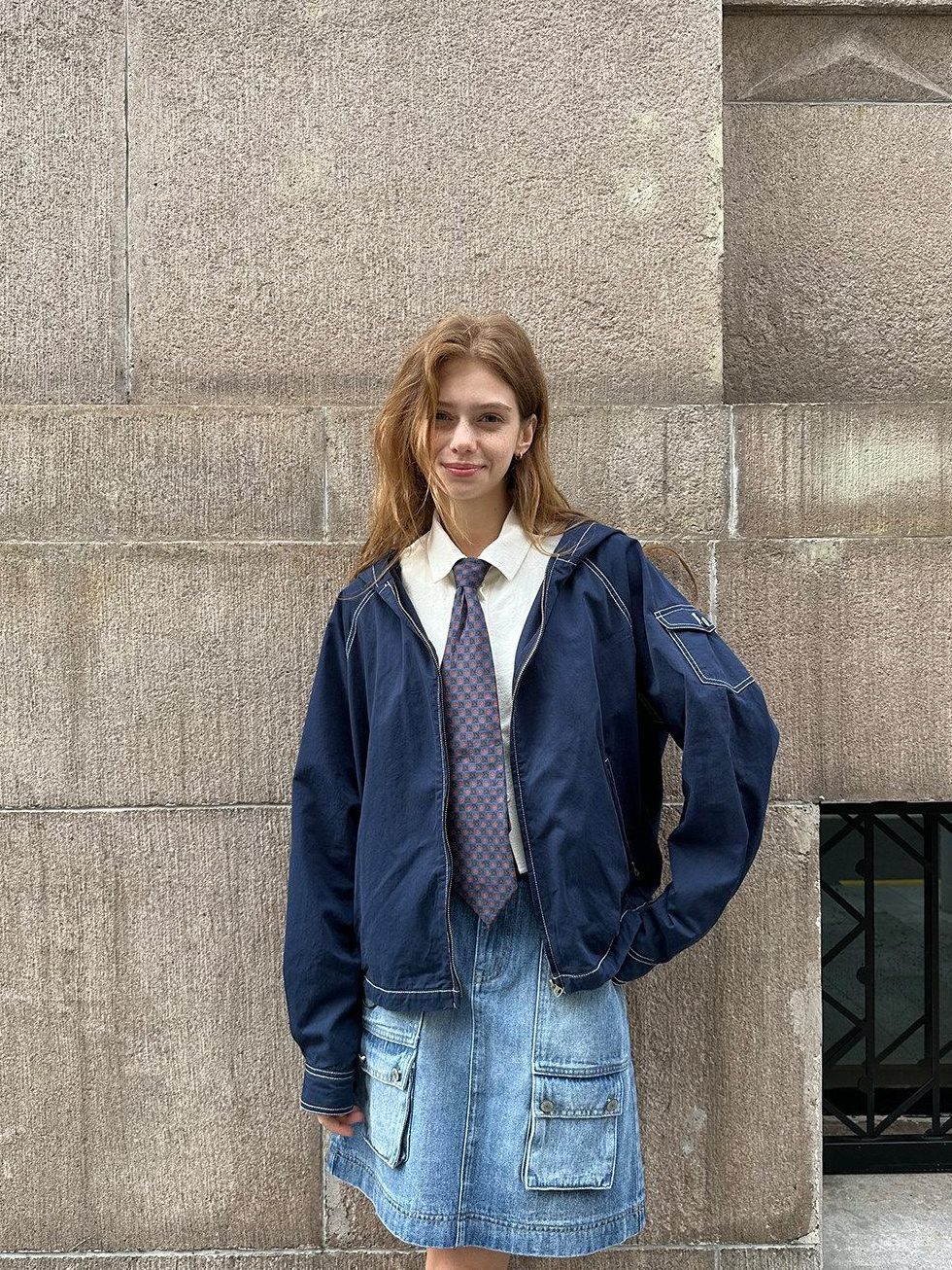 Country Moment Pure Cotton Loose Crop Hoodie Zipper Long Sleeve Navy Teen Casual Blouses