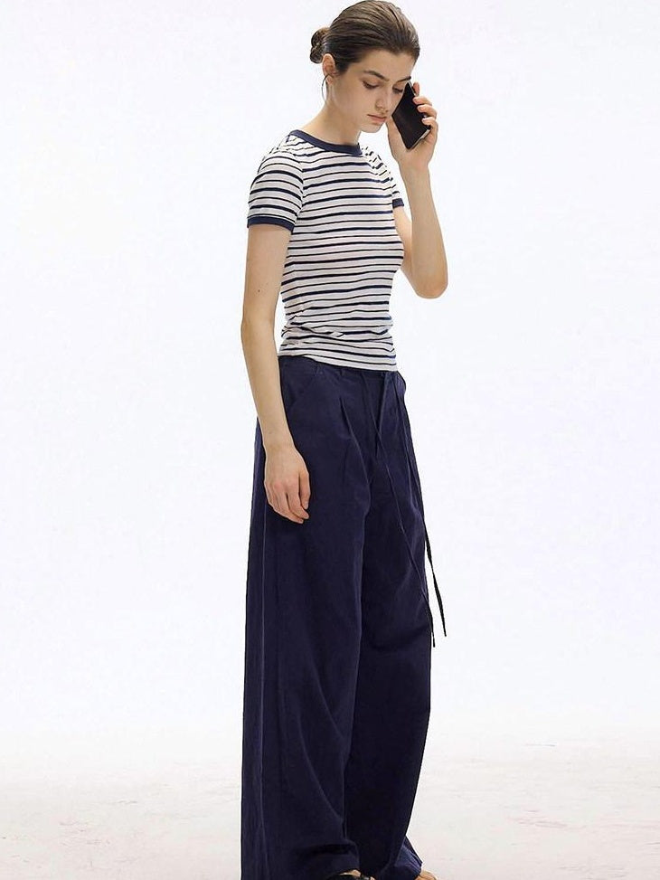 Country Moment Cotton Linen Minimal Belted Natural Waist Navy Office Wide Leg Pants