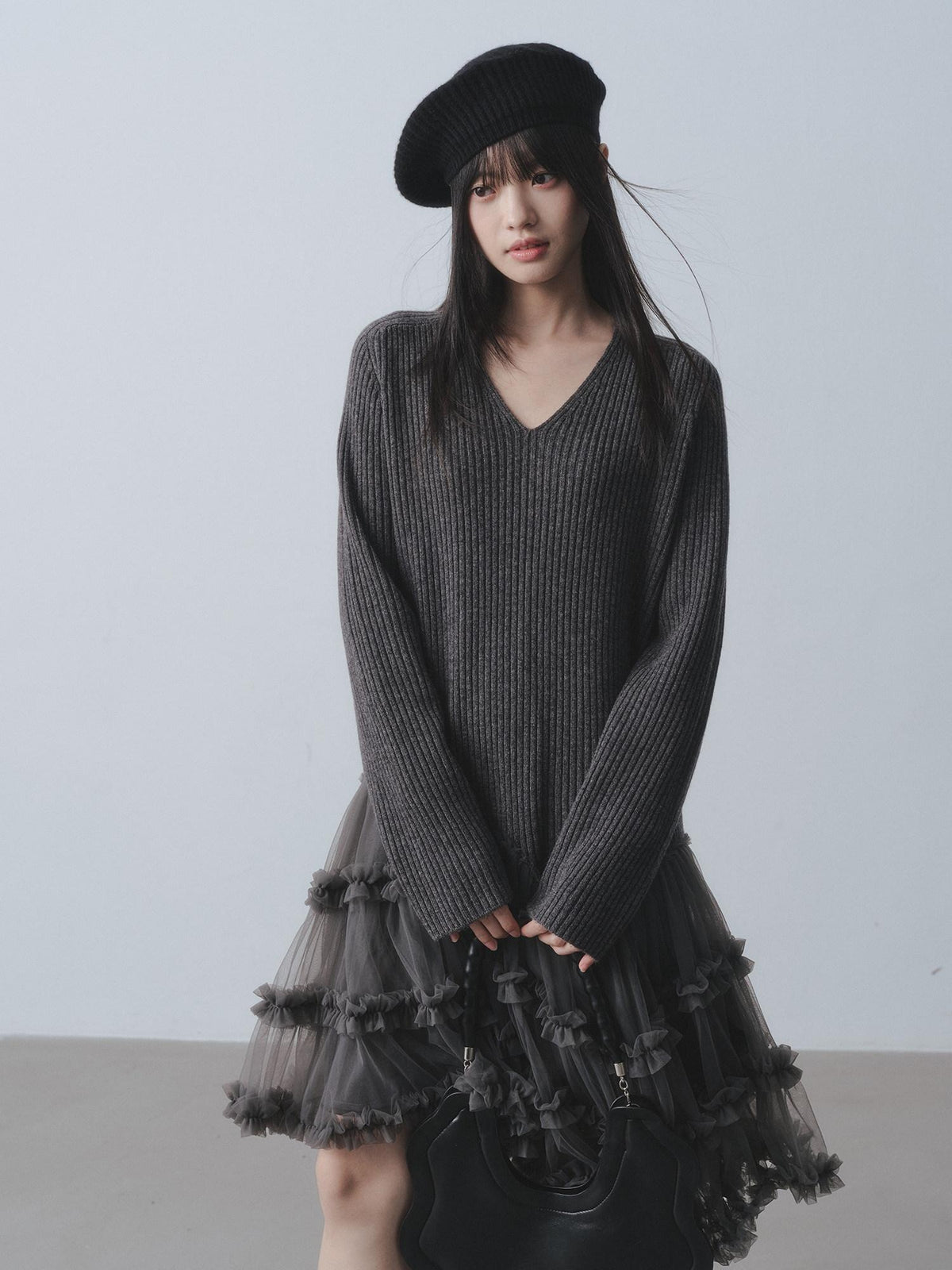 DDGIRL studio Warm 100 Percent Wool High Waist Mesh Splice A Line Sweater Midi Dresses