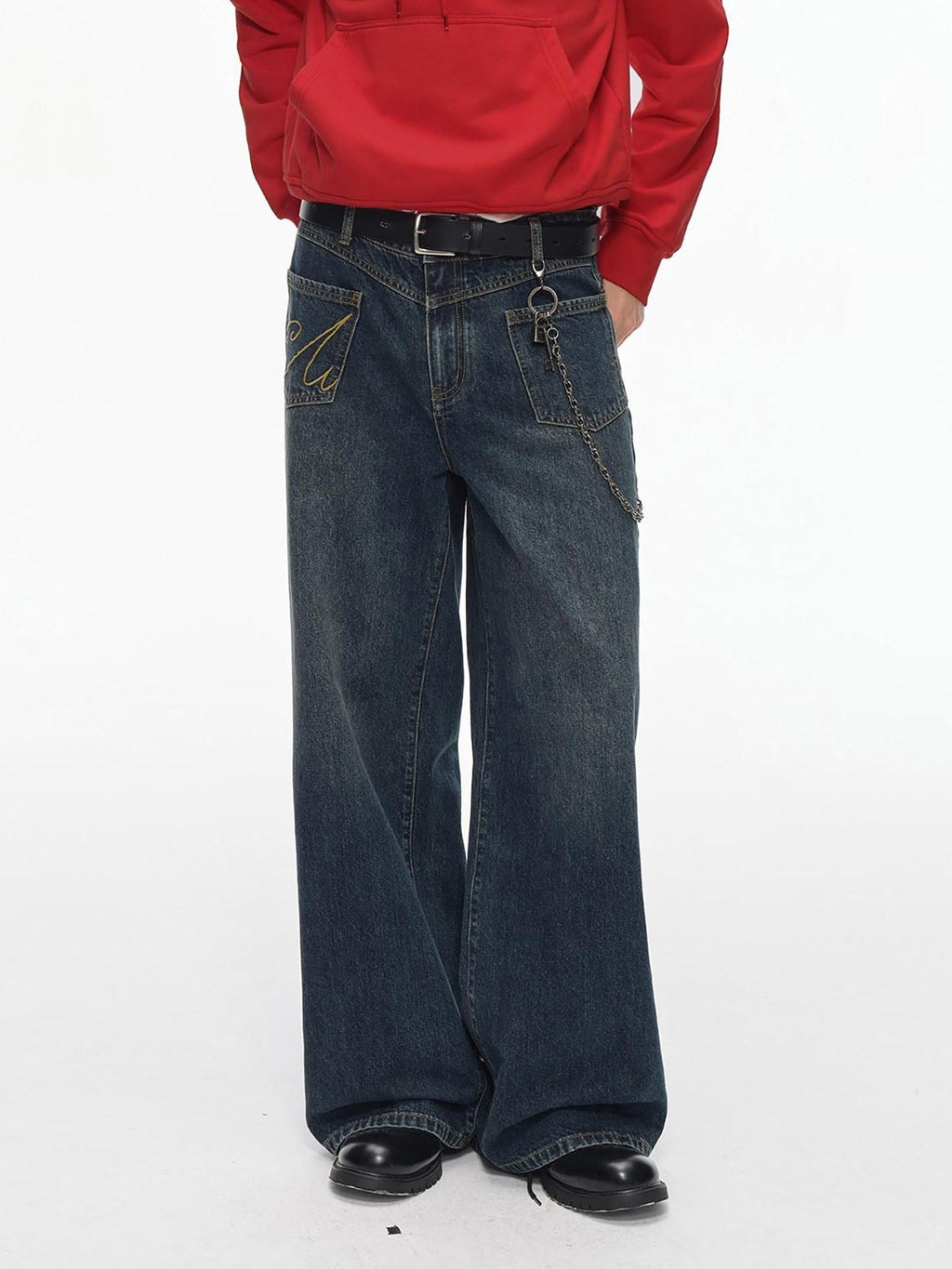 Country Moment Breathable Cotton Embroidered Mid Rise Loose Stonewash Wide Leg Jeans