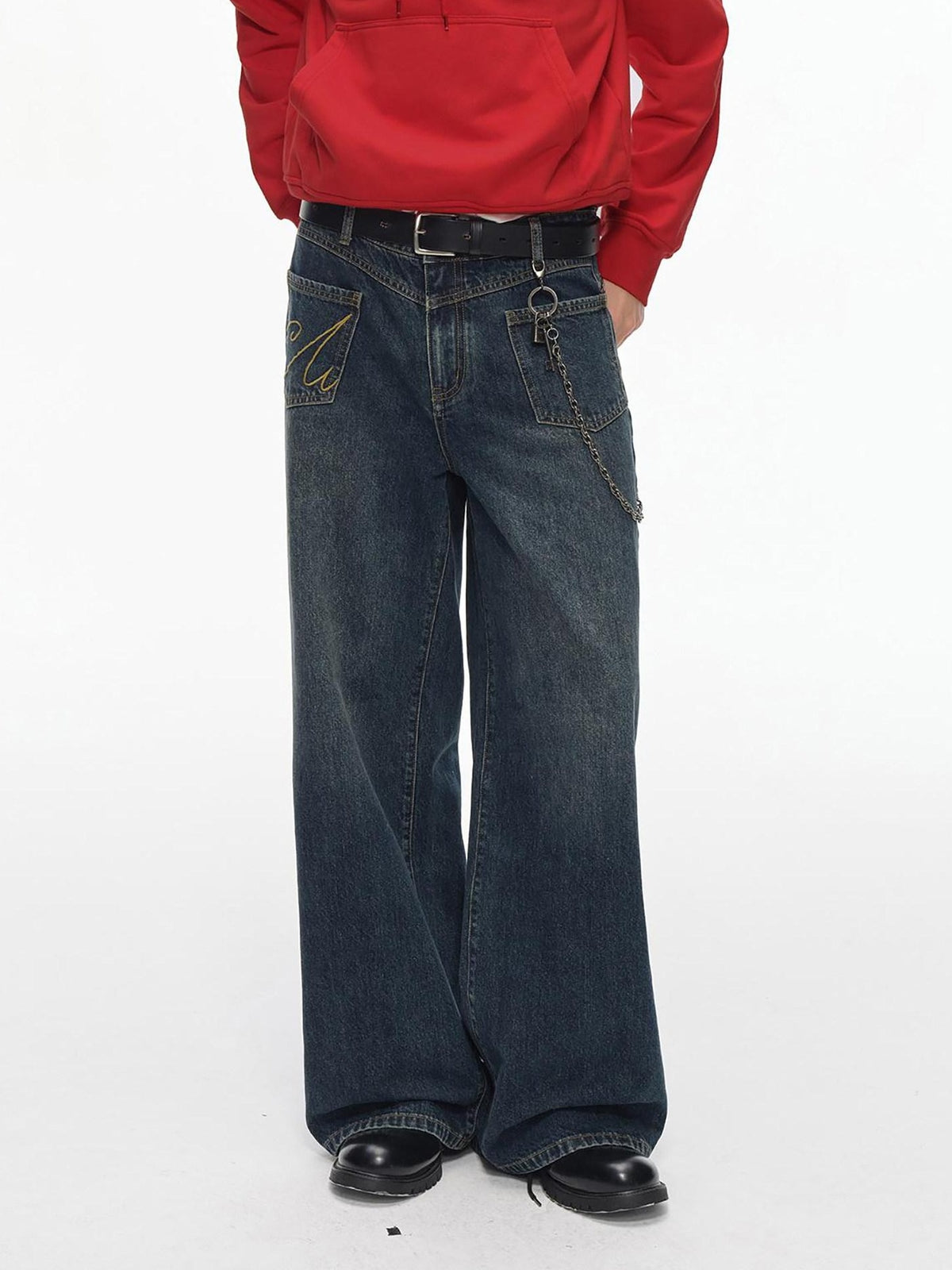 Country Moment Breathable Cotton Embroidered Mid Rise Loose Stonewash Wide Leg Jeans