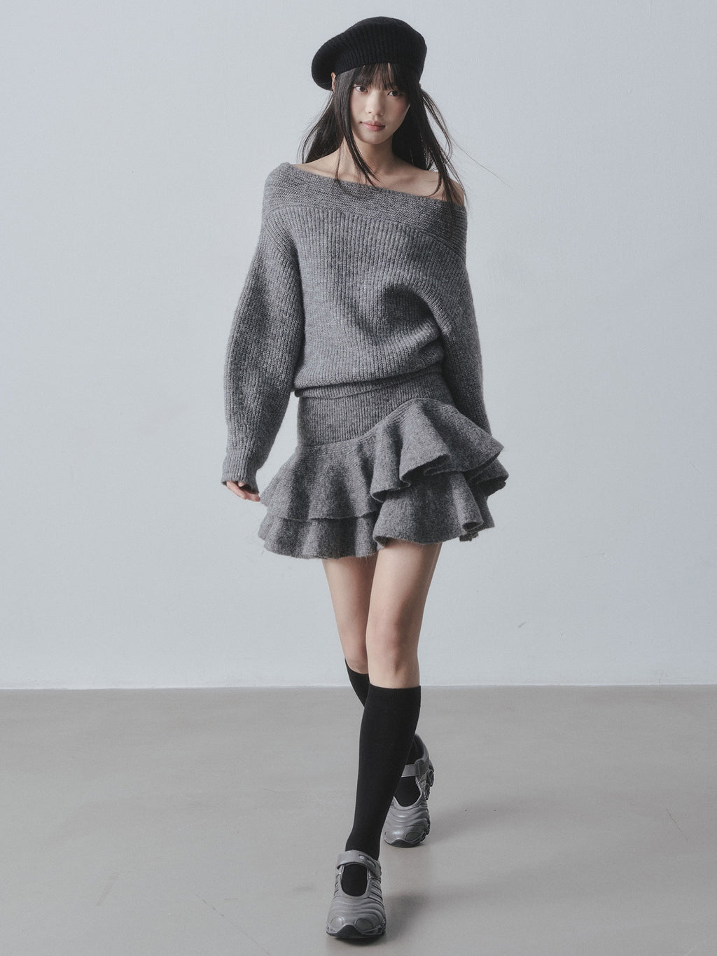 DDGIRL_studio_Cozy_Knit_Warm_Girly_Ruffle_Bardot_Neckline_High_Waist_Grey_Top_&_Skirt_Sets_MISSTT