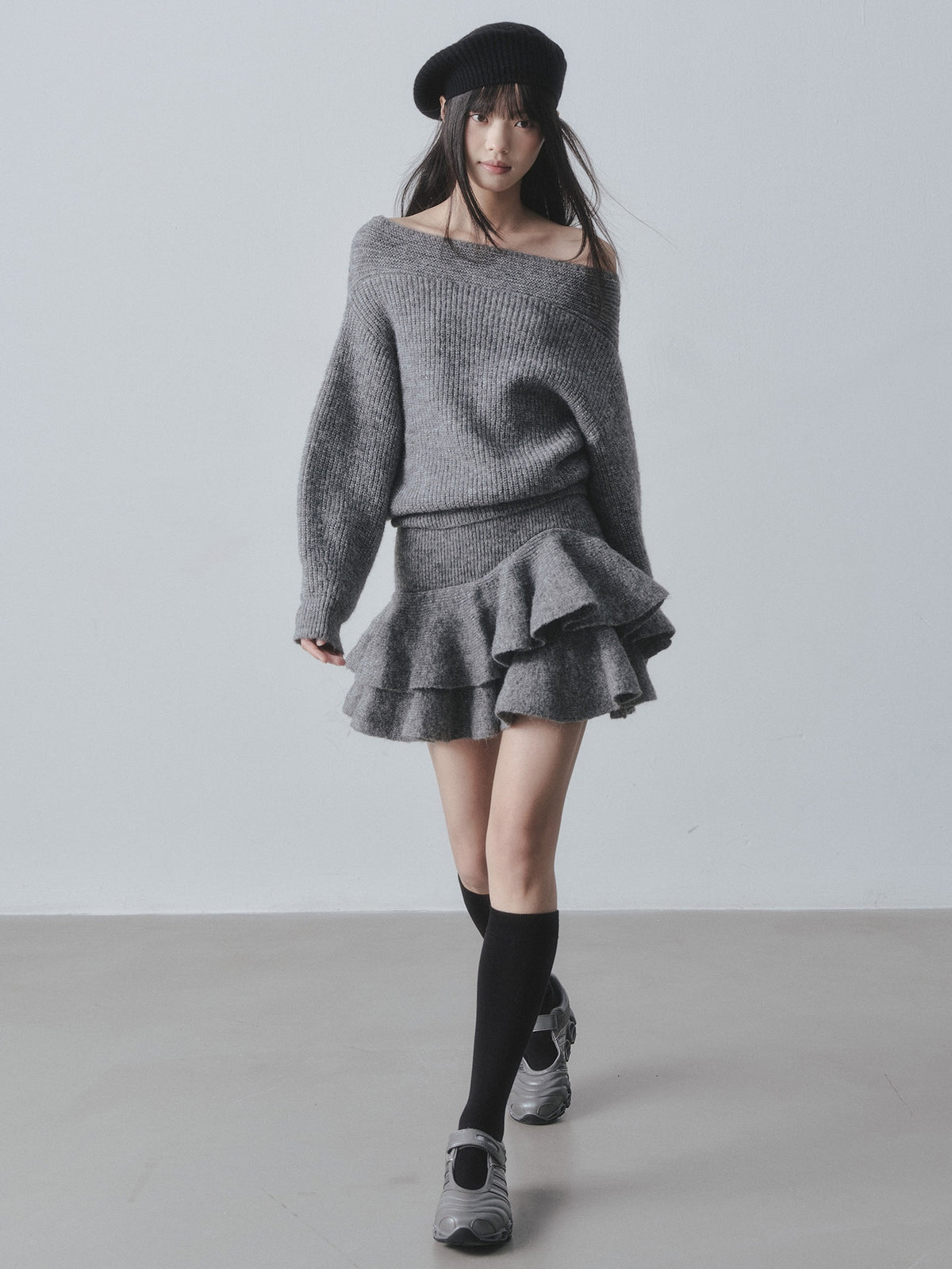 DDGIRL_studio_Cozy_Knit_Warm_Girly_Ruffle_Bardot_Neckline_High_Waist_Grey_Top_&_Skirt_Sets_MISSTT