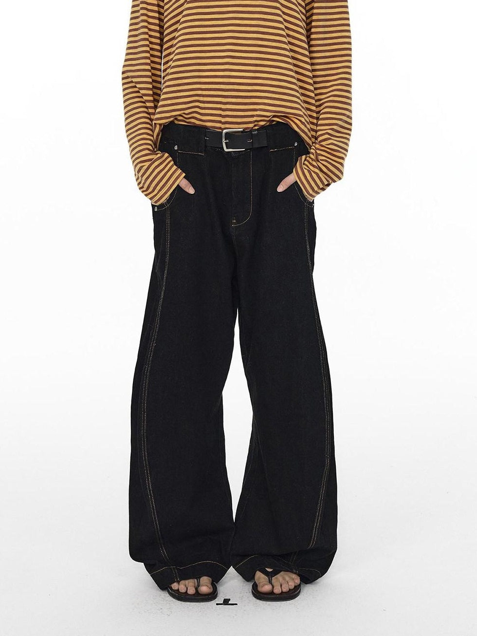Country Moment Mid Rise Contrast Stitching Loose Fit Unisex Cotton Blend Black Wide Leg Jeans