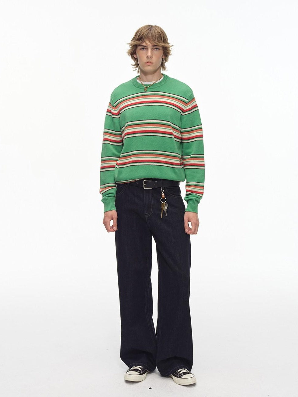 Country Moment Warm Wool Blend Colorful Striped Crew Neck Short Regular Fit Unisex Sweaters