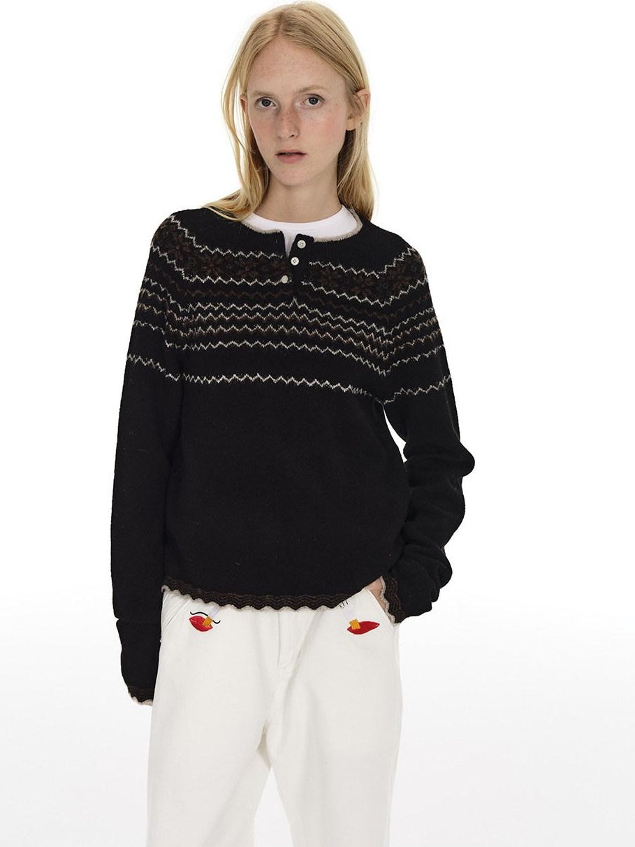 Country Moment Jacquard Henley Button Pullover Slim Fit Youth Wool Blend Striped Sweaters