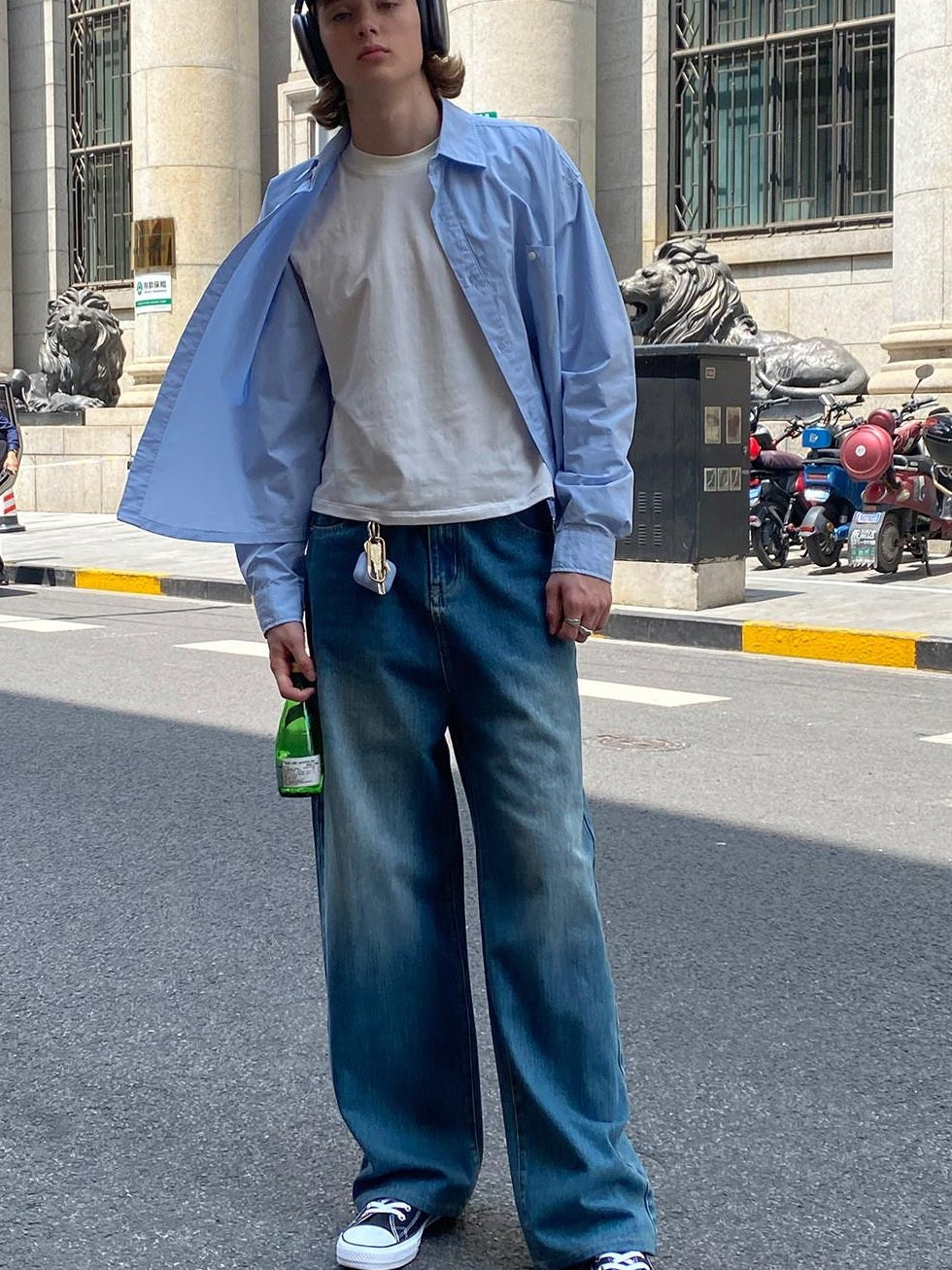 Country Moment Breathable Cotton Retro Washed Mid Rise Relaxed Mens Deep Blue Wide Leg Jeans