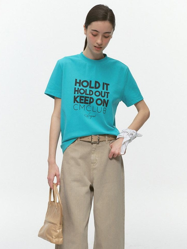 Country Moment Breathable Cotton Regular Fit Round Neck Letter Teal Short Sleeve T-Shirts