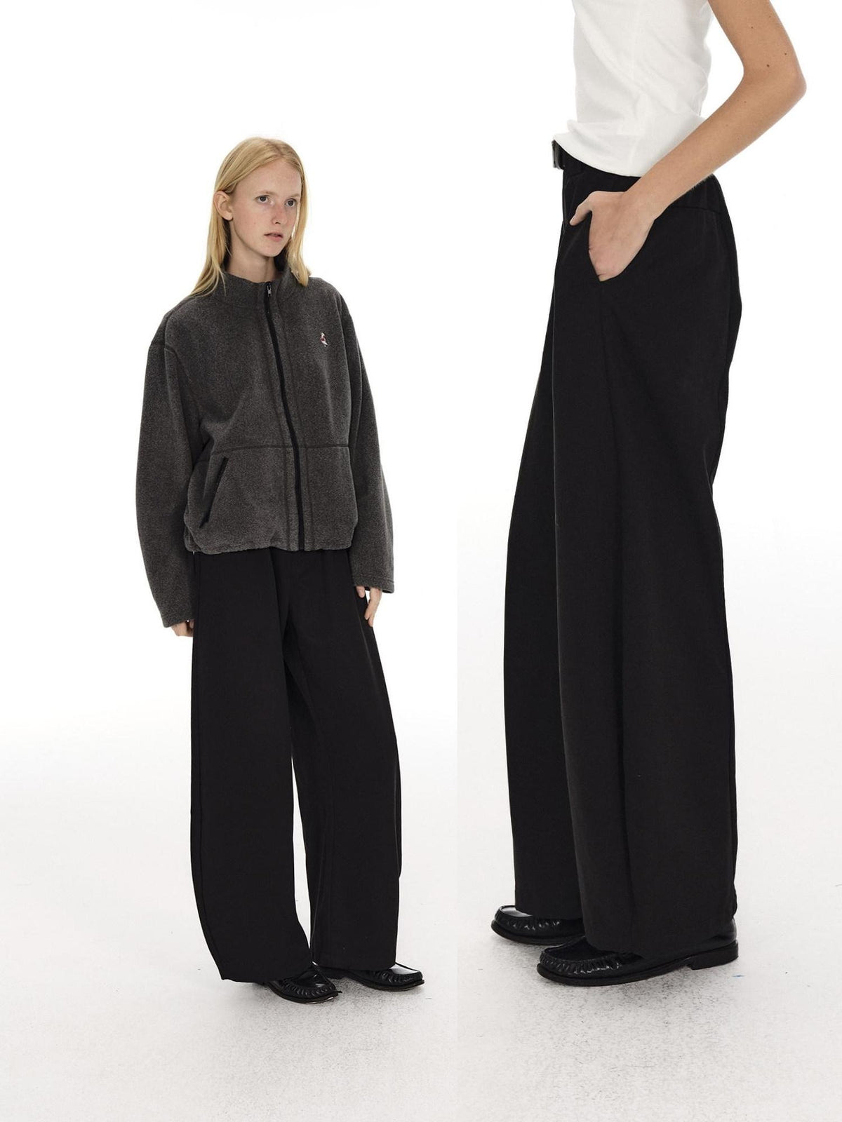 Country Moment Breathable Pleated Mid Rise Black Polyester Zipper Fly Wide Leg Pants