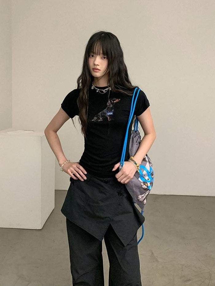DDGIRL studio Quick Dry Lyocell Slim Fit Office Animal Print Black Short Sleeve T-Shirts