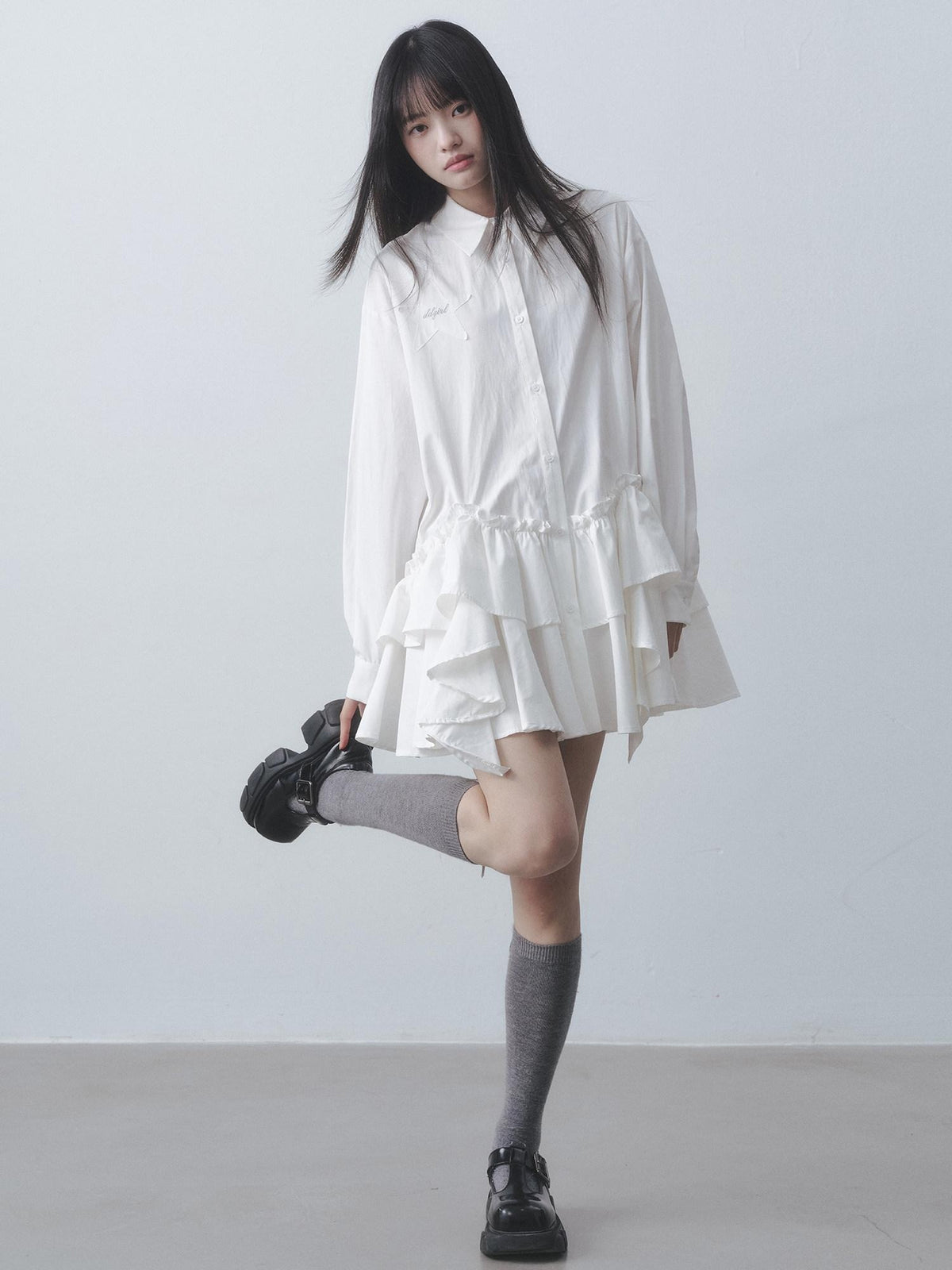 DDGIRL studio High Waist Ruffle Commuter Shirt Dress A Line Women White Button Mini Dresses