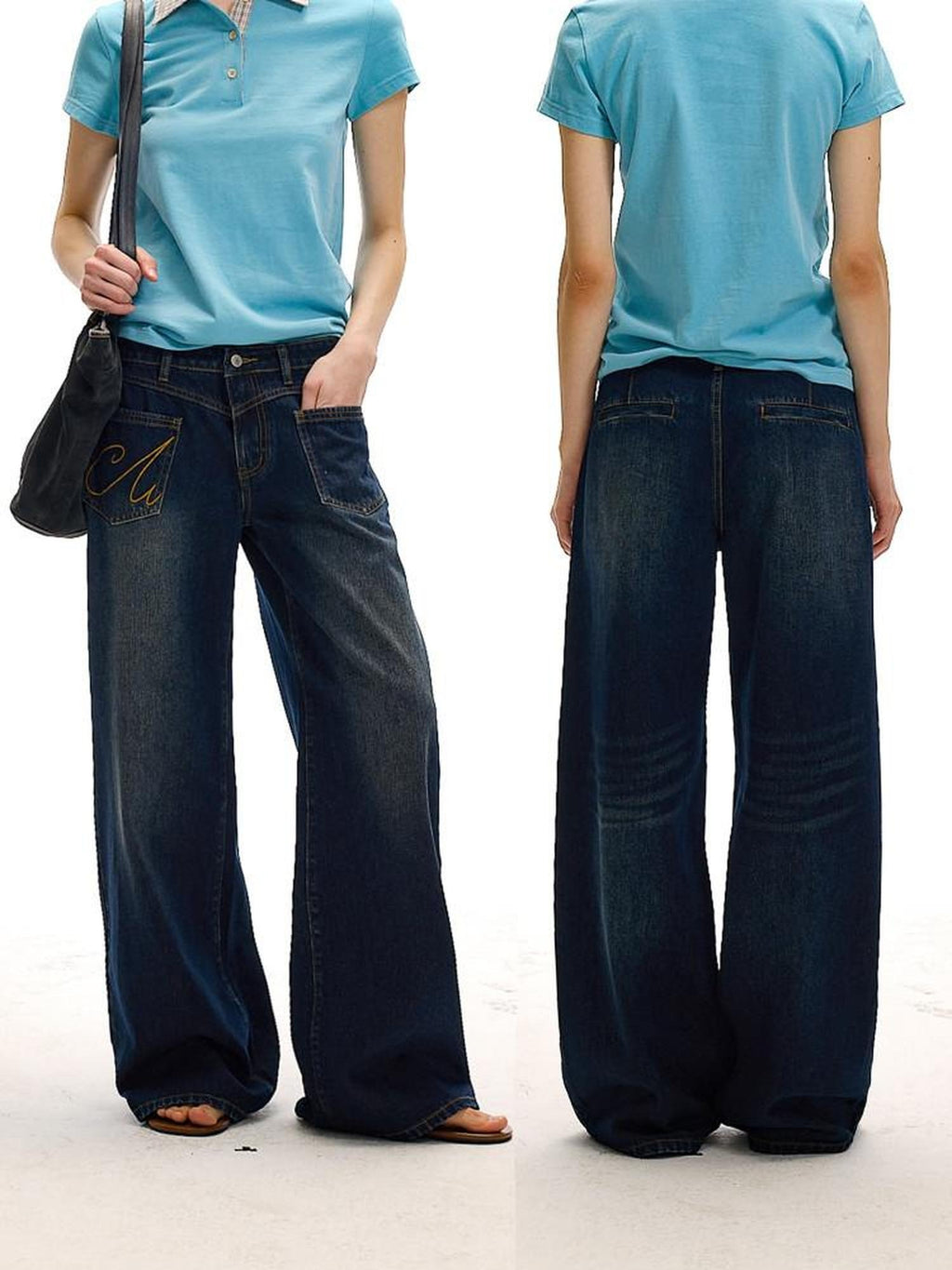 Country Moment High Waist Washed Denim Casual Loose Fit Zipper Fly Wide Leg Jeans