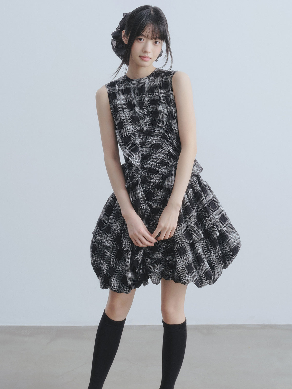 DDGIRL_studio_Soft_Cotton_Shirred_A_Line_Sleeveless_Checked_Workwear_Puff_Skirt_Mini_Dresses_MISSTT